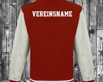 College Jacke mit Wunschdruck auf der Rückseite mit Vereinsname Trainings Jacke Sport Verein Varsity Jacket Rot/Weiß