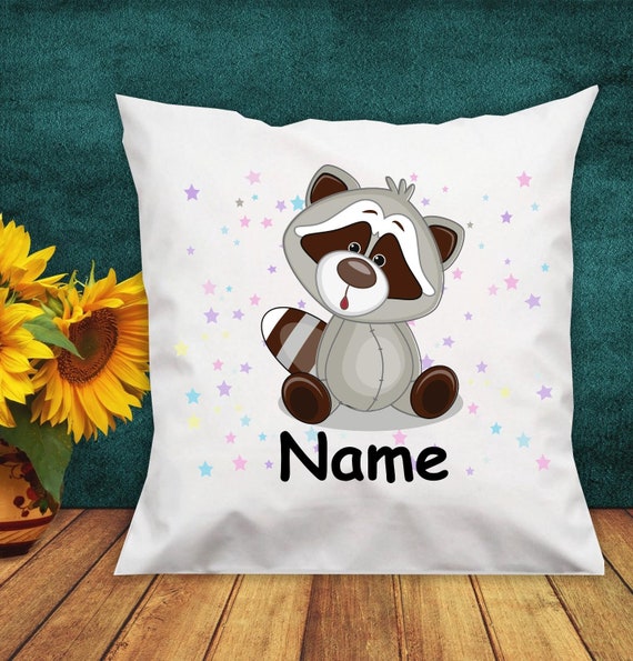 Cushion/Cuddle Cushion with Animal Motif: Raccoon with Personalized Name, Various Shapes, with Filling