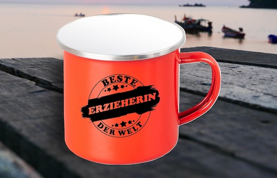 Emaille Becher "Bester Erzieher der Welt" Tasse Kaffeetasse Kaffeebecher Mug Retro