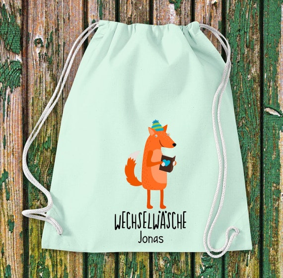 Turnbeutel Sportbeutel "lustige Tiere Fuchs, Wechselwäsche mit Wunschtext Kita Hort Schule Baumwolle Gymsack Tasche Beutel