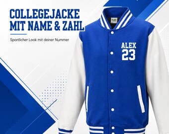 Gepersonaliseerde collegejas met naam en nummer – sportieve varsityjas met nummer op de voorkant