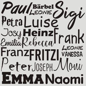 May include: A black and white word cloud with the names Paul, Bärbel, Leonie, Petra, Luise, Sigi, Josy, Heinz, Frank, Emilia, Rebecca, Franz, Fritzi, Vanessa, Peter, Joseph, Moni, Emma, and Naomi.