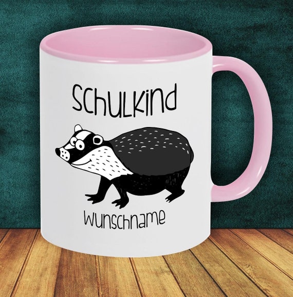 Kinder Tasse Trink Becher Schulkind Dachs mit Wunschnamen Einschulung Kita Hort Geburtstag Schule Teetasse