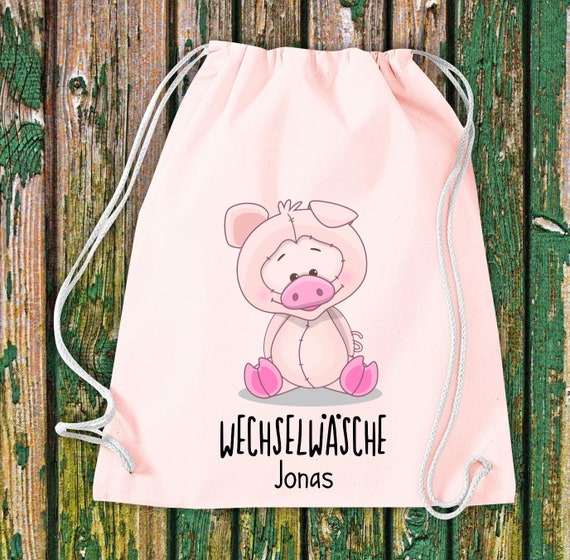 Turnbeutel Sportbeutel Wechselwäsche, Schwein mit Wunschtext Kita Hort Schule Baumwolle Gymsack Tasche Beutel