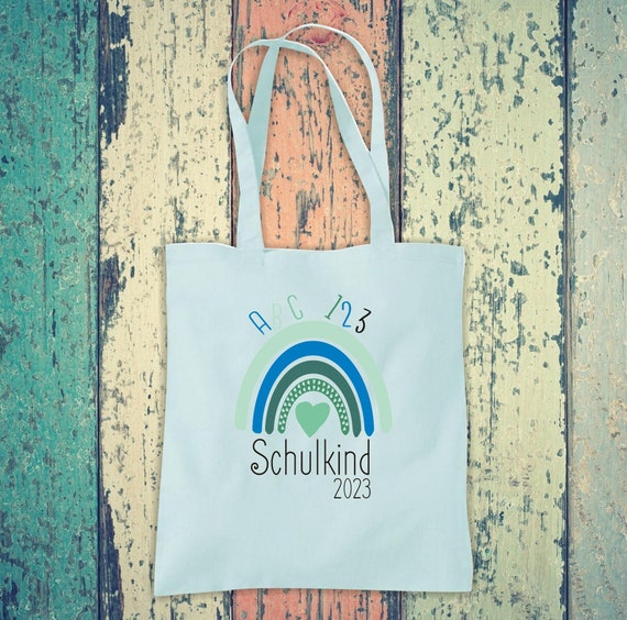 Stoffbeutel "Schulkind mit Datum" Regenbogen Schule Baumwolle Jute Sportbeutel Tasche Beutel Hort Einschulung Kita Tier