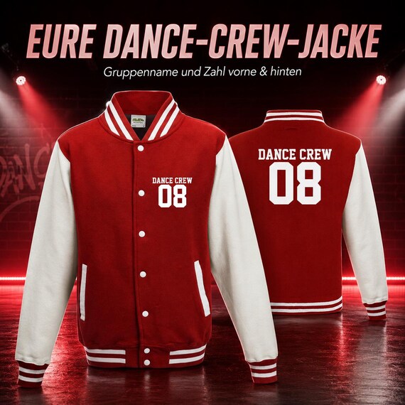 Dance Crew Collegejacke mit Gruppenname und Zahl vorne und hinten – personalisierte Tanzjacke