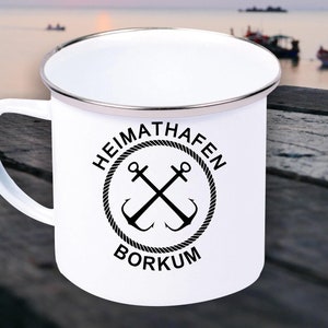 Enamel Mug &quot;Home Port Borkum Holiday Family&quot; Cup Coffee Mug Retro