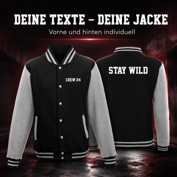 College jacket with custom text on the front and back – personalized varsity jacket with your own text
