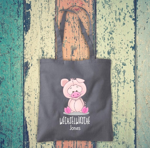 Stoffbeutel Wechselwäsche, Schwein mit Wunschname, Wunschtext Schule Baumwolle Jute Sportbeutel Tasche Beutel Hort Einschulung Kita Tier