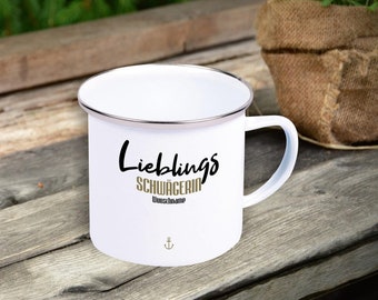 Emaille Becher "Lieblingsmensch Lieblings Schwägerin" mit Wunschname Tasse Tee Kaffeetasse Kaffeebecher Mug Retro Campen