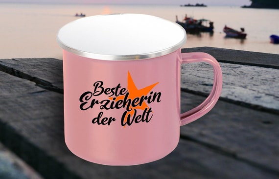 Emaille Becher "Beste Erzieherin der Welt" Tasse Kaffeetasse Kaffeebecher Mug Retro