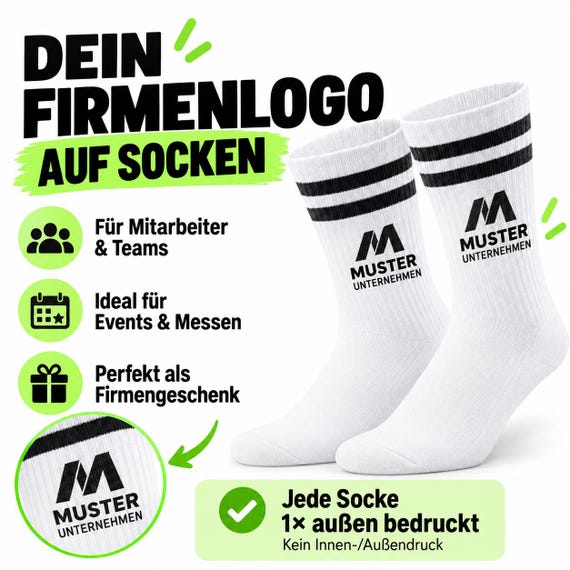 Personalized company socks with logo – tennis socks for employees & teams – custom company logo print – sizes 27–46