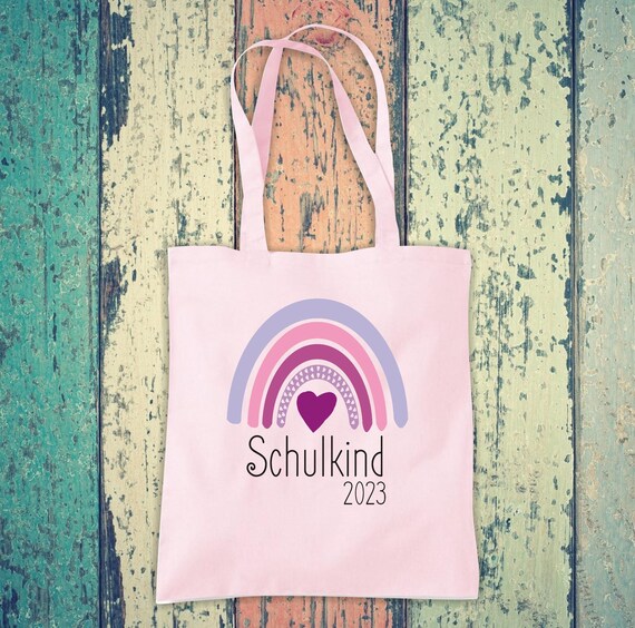 Stoffbeutel "Schulkind mit Wunsch Datum" Regenbogen Schule Baumwolle Jute Sportbeutel Tasche Beutel Hort Einschulung Kita Tier