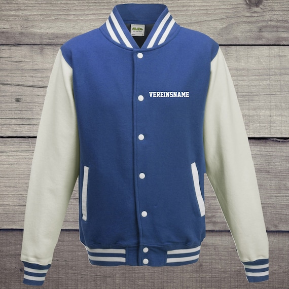 College jacket with desired print on the front with club name, training jacket, sports club, varsity jacket, royal/white