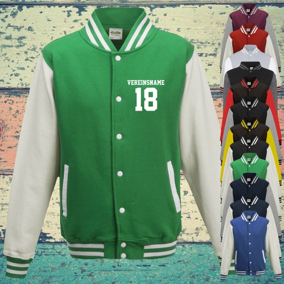 College Jacke mit Wunschdruck auf der Vorderseite mit Vereinsname und Zahl Trainings Jacke Sport Verein Varsity Jacket