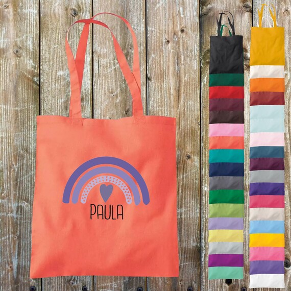 Stoffbeutel "Regenbogen mit Wunschname" Schule Baumwolle Jute Sportbeutel Tasche Beutel Hort Einschulung Kita Tier