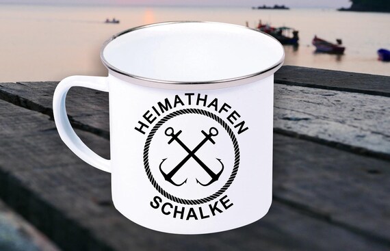 Emaille Becher "Heimathafen Schalke Urlaub Familie" Tasse Kaffeetasse Kaffeebecher Mug Retro