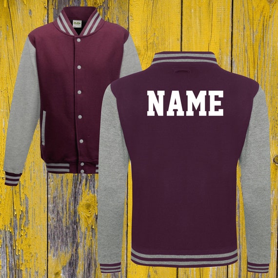 College jacket with desired print on the back name training jacket sports club varsity jacket burgundy/gray