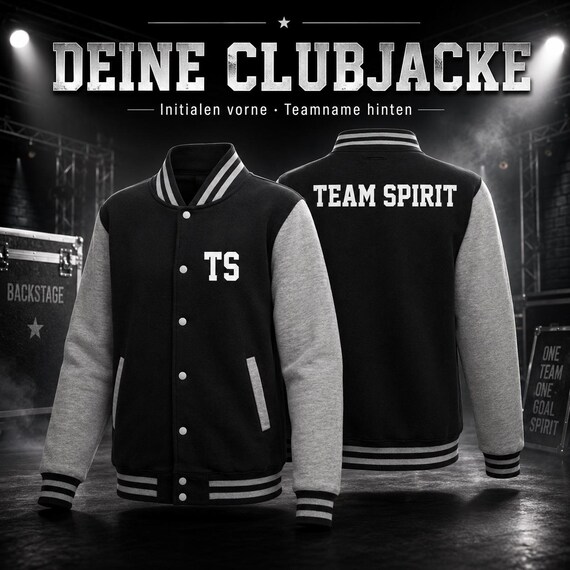 College jacket with initials on the front and team name on the back – personalized club jacket for groups