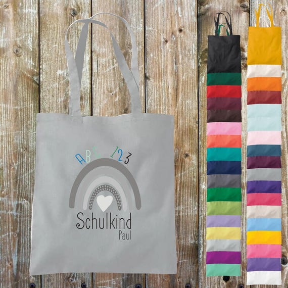 Fabric bag with desired text "Schoolchild Rainbow with Name" School Cotton Jute Sports Bag Bag Pouch Daycare Enrollment Kita Animal
