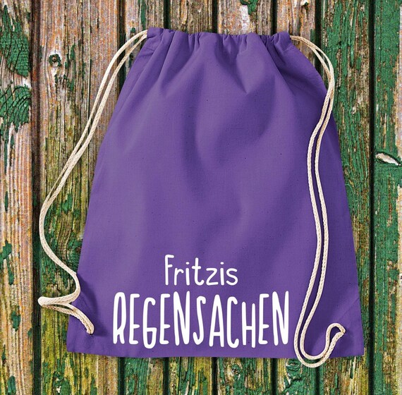 Turnbeutel Sportbeutel "Regensachen mit Wunschnamen" Wunschtext Name Kita Hort Schule Baumwolle Gymsack Tasche Beutel