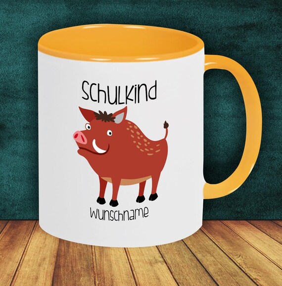 Kinder Tasse Trink Becher Schulkind Wildschwein  mit Wunschnamen Einschulung Kita Hort Geburtstag Schule Teetasse