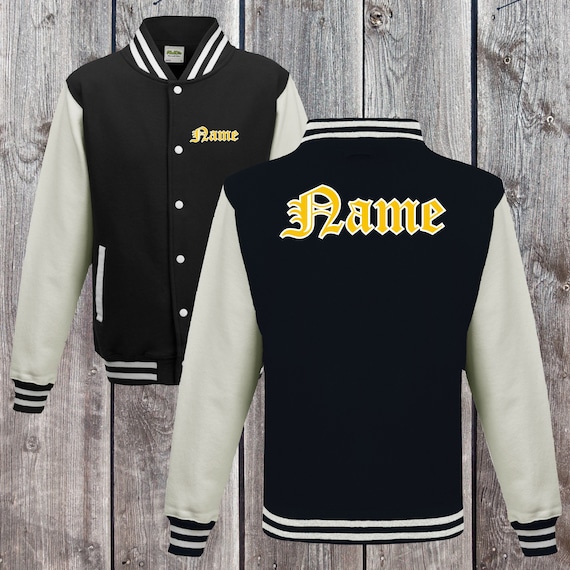 College jacket with desired print on the front and back of your desired name, training jacket, sports club, varsity jacket, black/white