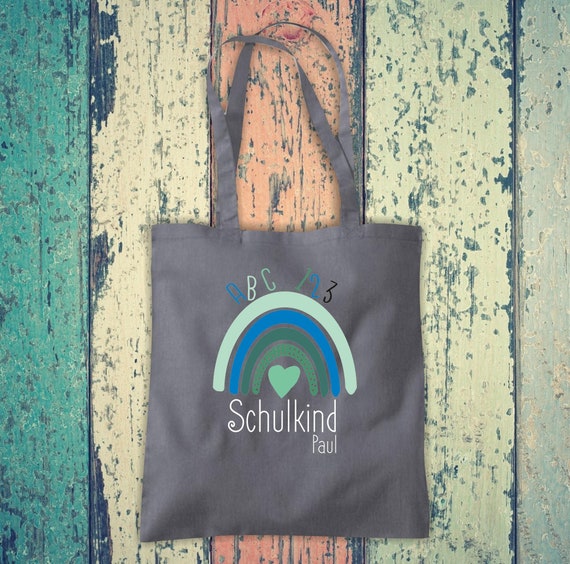 Stoffbeutel "Schulkind mit Wunschname" Regenbogen Schule Baumwolle Jute Sportbeutel Tasche Beutel Hort Einschulung Kita Tier