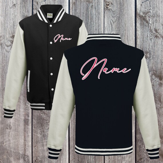 College jacket with desired print on the front and back of your desired name, training jacket, sports club, varsity jacket, black/white