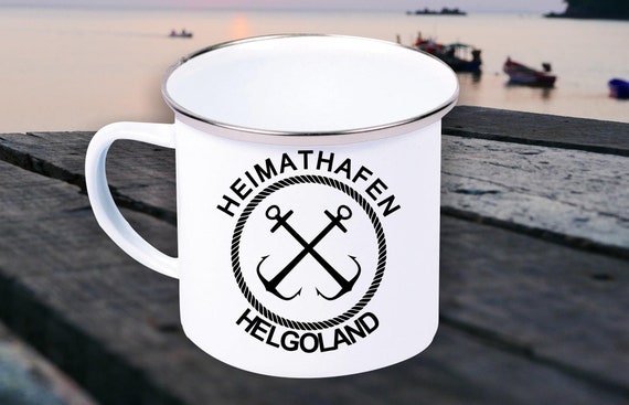 Emaille Becher "Heimathafen Helgoland Urlaub Familie" Tasse Kaffeetasse Kaffeebecher Mug Retro