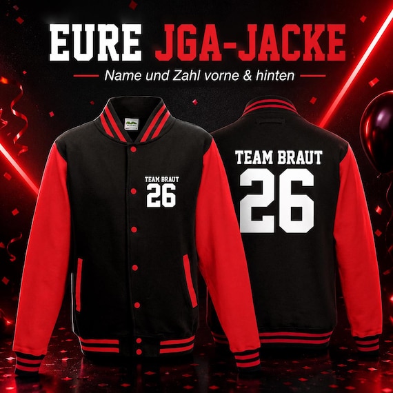 JGA Collegejacke mit Name und Zahl vorne und hinten – personalisierte Team-Braut Jacke