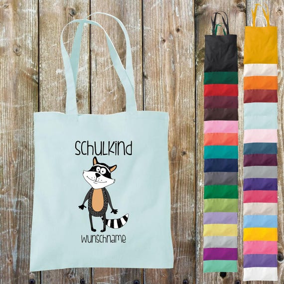 Fabric bag school child animals raccoon with desired text school cotton jute sports bag bag bag school enrollment