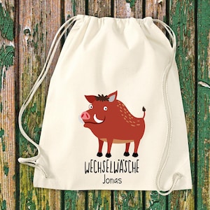Gym bag sports bag &quot;funny animals wild boar, change of clothes with desired text daycare after-school school cotton gym sack bag pouch