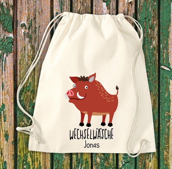Gym bag sports bag "funny animals wild boar, change of clothes with desired text daycare after-school school cotton gym sack bag pouch