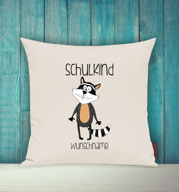 Kissenhülle Schulkind Sofa Kissen Tiere Animal Waschbär Wunschname Deko Kinderzimmer Geschenk Tiere Natur Wald Schule Hort Kita