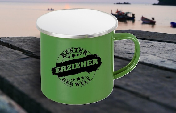 Emaille Becher "Bester Erzieher der Welt" Tasse Kaffeetasse Kaffeebecher Mug Retro