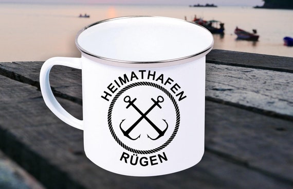 Emaille Becher "Heimathafen Rügen Urlaub Familie" Tasse Kaffeetasse Kaffeebecher Mug Retro