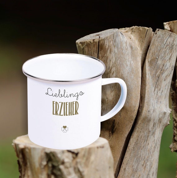 Emaille Becher "Lieblingsmensch Lieblings Erzieher" Tasse Tee Kaffeetasse Kaffeebecher Mug Retro Campen