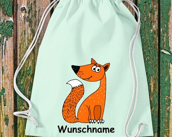 Turnbeutel Sportbeutel "Fuchs mit Wunschnamen" Wunschtext Name Kita Hort Schule Baumwolle Gymsack Tasche Beutel