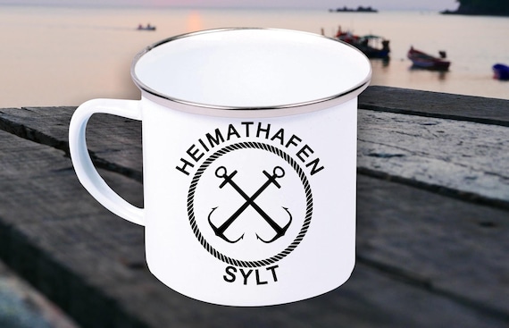 Emaille Becher "Heimathafen Sylt Urlaub Familie" Tasse Kaffeetasse Kaffeebecher Mug Retro