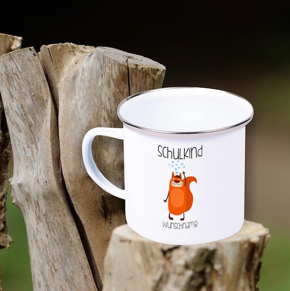 Emaille Kinder Becher "Schulkind mit Wunschname und Tiermotiv" Tasse Tee Kaffeetasse Kaffeebecher Mug Retro Campen