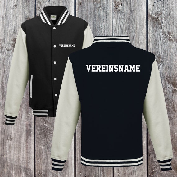 College jacket with desired print on the back and front with club name, training jacket, sports club, varsity jacket, black/white