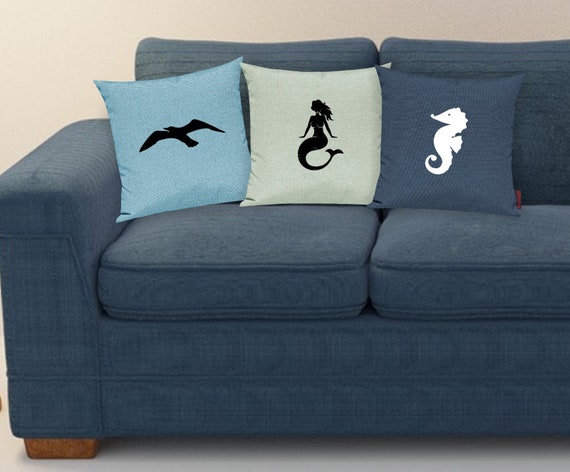 Cushion Covers Set of 3 Sofa Cushions Maritime Seagull Mermaid Seahorse