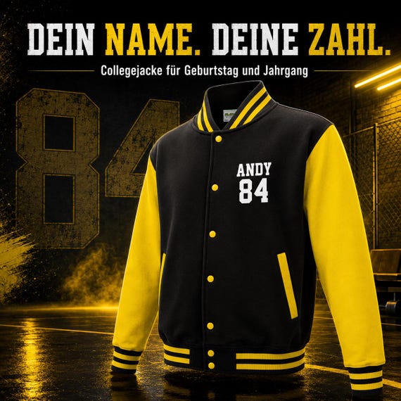 College jacket with name and number on the front – personalized varsity jacket for birthdays and year groups