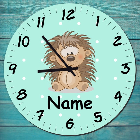 Children's room clock wall clock pastel colors with cute animals and desired name gift clock learn 29 cm