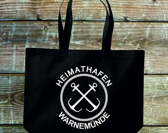shirtinstyle draagtas "Home Port" Fehmarn Darß Waren Sylt Müritz Amrum Föhr Juist Husum Poel Borkum.... Katoenen tas Cadeau-idee