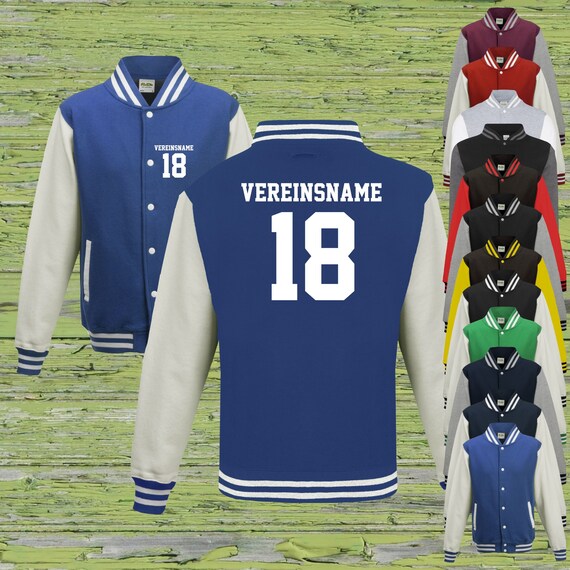 College Jacke mit Wunschdruck auf der Vorderseite und Rückseite mit Vereinsname und Zahl Trainings Jacke Sport Verein