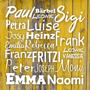 May include: A yellow wooden background with white text spelling out names, including "Paul", "Bärbel", "Petra", "Luise", "Sigi", "Josy", "Heinz", "Frank", "Emilia", "Rebecca", "Franz", "FRITZI", "Leonie", "Vanessa", "Peter", "Joseph", "Moni", "Emma", and "Naomi".