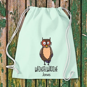 Gym bag sports bag &quot;funny animals owl, change of clothes with desired text daycare school cotton gym sack bag