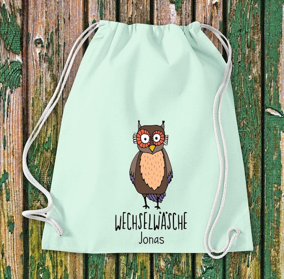 Gym bag sports bag "funny animals owl, change of clothes with desired text daycare school cotton gym sack bag